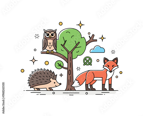 Forest animals endangered species concept where a hedgehog, owl, and fox are highlighted in a forest scene while tiny sparkle and star icons