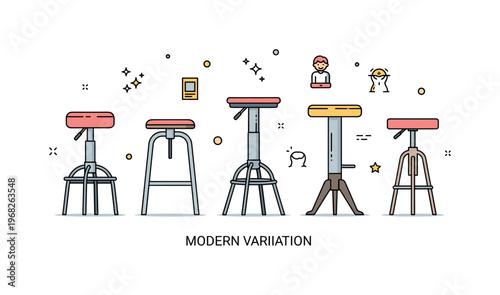 Bar stool leg design inspiration concept where multiple leg styles are displayed while small sparkle and line icons highlight creativity, modern design, and