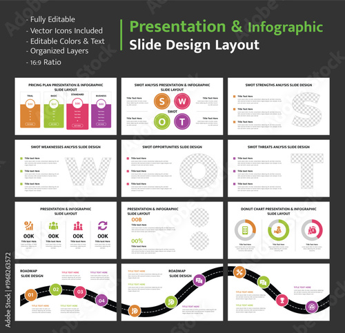 Business infographic layouts with SWOT analysis, pricing, and roadmap elements