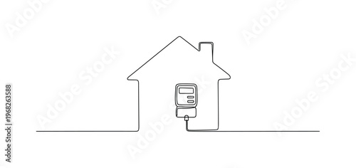 Smart Metering. Minimalistic one-line drawing home with smart electricity meter connected to grid, continuous single black line on white background, simple