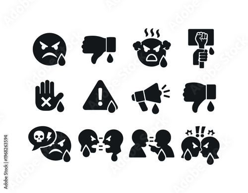 Angry Reaction. Solid icon set of Angry Reaction: angry reaction tear, dislike tear, rage reaction tear, protest tear, rejection tear, warning face tear, alert