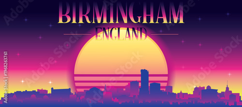 Purple generic retro futuristic synthwave panoramic poster of the city skyline with misty background sunset buildings of BIRMINGHAM, UNITED KINGDOM
