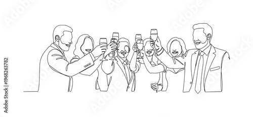 Celebratory Moment. Minimalistic one-line drawing guests raising glasses and smiling at family wedding, continuous single black line on white background,