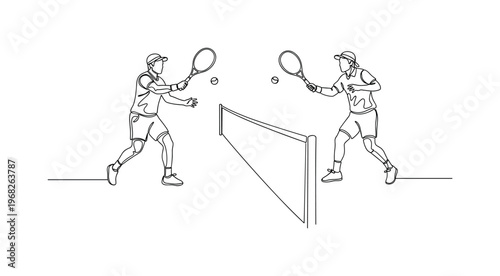 Tennis Competition. Minimalistic one-line drawing two players facing each other across net, racquets in action, continuous single black line on white
