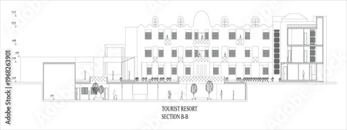 Modern resort architectural section B-B illustrated as a clean CAD vector line art, technical building drawing isolated on a white background in EPS 10 format.
