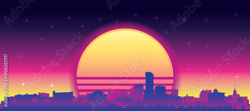 Purple generic retro futuristic synthwave panoramic poster of the city skyline with misty background sunset buildings of BIRMINGHAM, UNITED KINGDOM