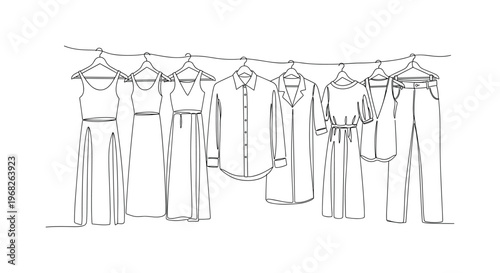 Ethical Fashion Brands and Concepts. Minimalistic one-line drawing sustainable clothing items like dresses and shirts on hangers, continuous single black line