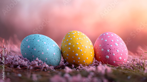 Colorful eggs sit on pink flowers during sunset in a spring scene with soft hues in the background creating a festive mood