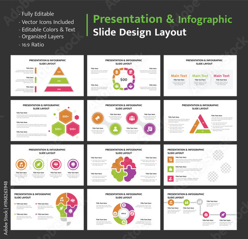 Comprehensive collection of dark presentation layouts featuring infographic elements for businesses