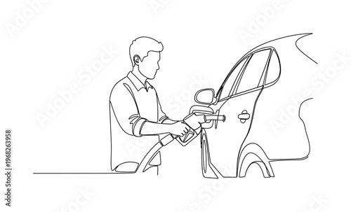 Refueling Car. Minimalistic one-line drawing individual inserting fuel nozzle into car tank, continuous single black line on white background, simple outline
