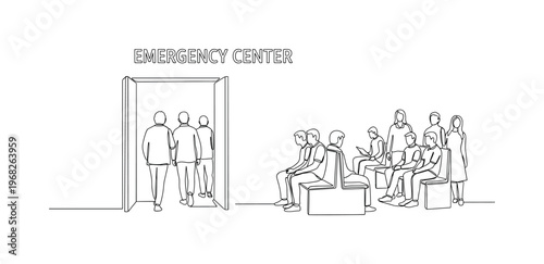 Emergency Center Scene. Minimalistic one-line drawing individuals entering or waiting in evacuation facility, continuous single black line on white background,