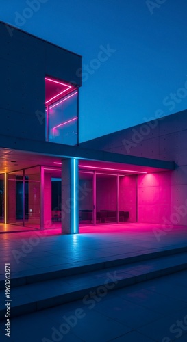 Modern architectural design with vibrant neon lighting at dusk.