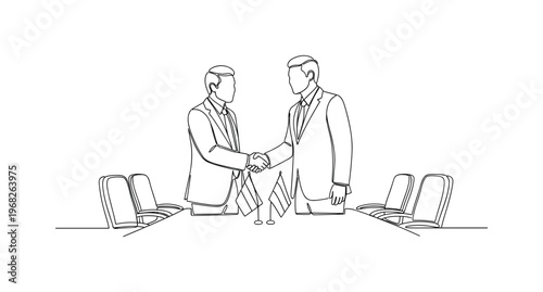 Diplomatic Relations. Minimalistic one-line drawing officials from different countries shaking hands in conference room, continuous single black line on white