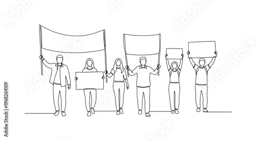 Peaceful Protest. Minimalistic one-line drawing individuals demonstrating with banners and placards, continuous single black line on white background, simple