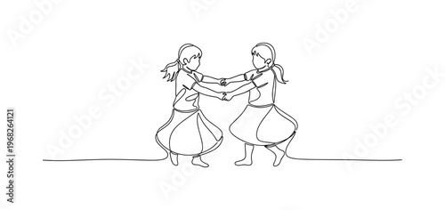 Happy Children. Minimalistic one-line drawing siblings spinning around holding hands, continuous single black line on white background, simple outline style,