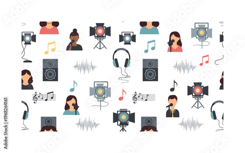 concert patterns seamless pattern, repeating pattern, surface design, textile print, modern illustration of singers, microphones, music notes, headphones,