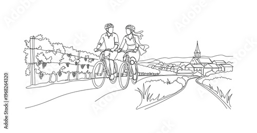 Romantic Countryside Cycling. Minimalistic one-line drawing couple riding through vineyard rows and village roads, continuous single black line on white