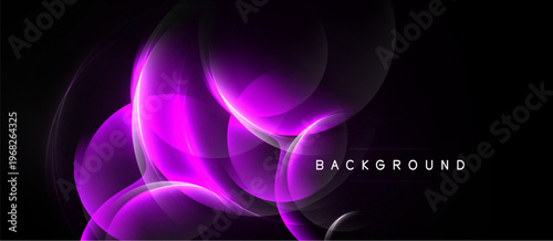 Abstract purple glowing shapes overlap black background. Modern design, dynamic composition, soft light effects present.