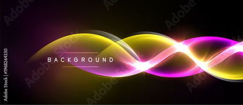 Abstract neon waves, vibrant colors, dark background. Dynamic light effects create modern visual impact. Smooth curves suggest energy, motion.