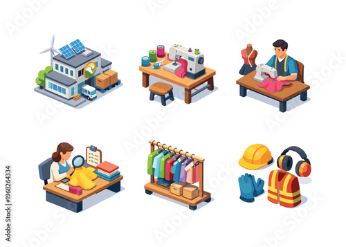 EthicalProduction. Isometric flat vector icons set of EthicalProduction: fair trade factory, sewing workstation, skilled tailor, quality control desk, small