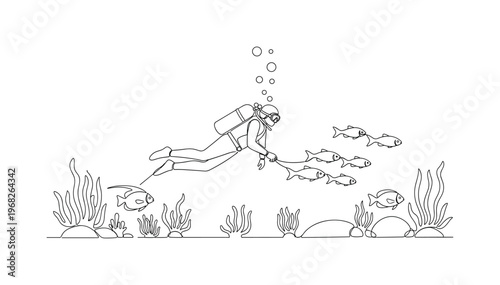 Oceanic Exploration. Minimalistic one-line drawing scuba diver surrounded by fish and plants, continuous single black line on white background, simple outline
