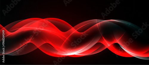 Red waves flow across black background. Smooth curves create dynamic visual effect. Brightness contrasts sharply with darkness.