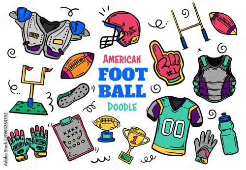 American Football Doodle Illustration Set with Equipment and Sports Icons