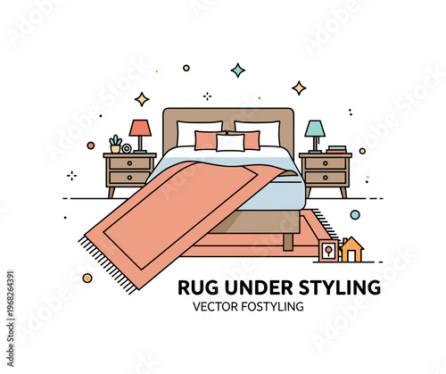 Rug under bed bedroom styling concept where a plush rug lies partially under a bed with bedside tables while tiny sparkle and star icons highlight comfort,