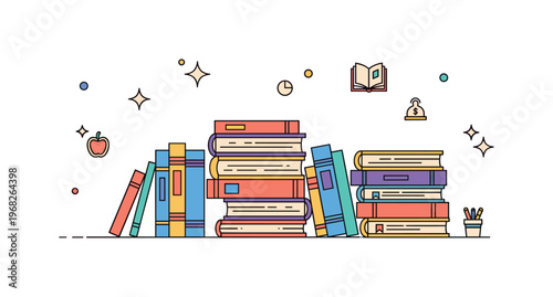 Hardcover book bookstore scene where stacks of hardcover books are displayed for sale while small sparkle and line icons emphasize variety, value, and literary