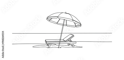 Relaxing by the Shore. Minimalistic one-line drawing beach umbrella shading lounge chair on sand, continuous single black line on white background, simple