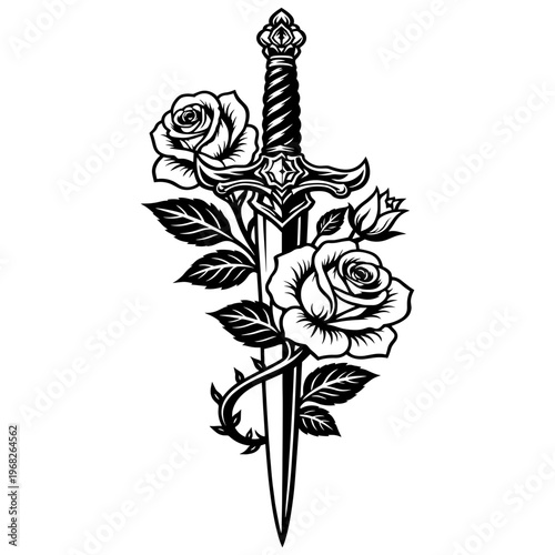 Elegant Fantasy Sword Wrapped In Thorny Roses And Blooming Flowers, Symbolic Blade Of Love, Conflict, And Protection Botanical Vector Art