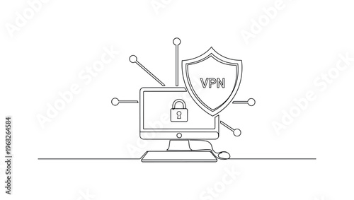 Secure Connection. Minimalistic one-line drawing computer with lock and network lines showing VPN protection, continuous single black line on white background,