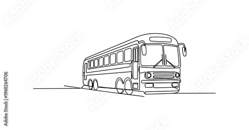 Travel Retro Poster. Minimalistic one-line drawing stylized train or bus in vintage travel ad layout, continuous single black line on white background, simple