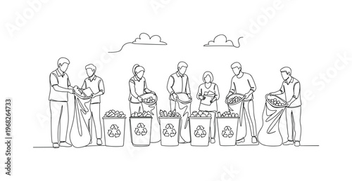 Community Waste Program. Minimalistic one-line drawing residents separating trash into recyclable categories, continuous single black line on white background,