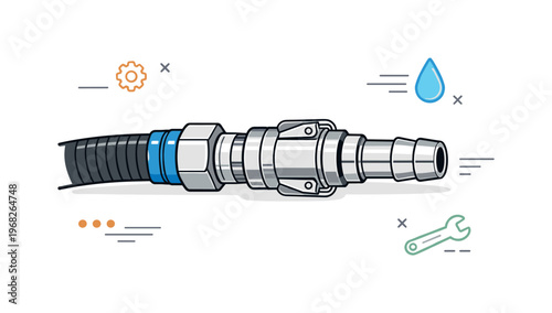 Industrial hose connector. A close-up illustration of a flexible hose with metal fittings, durability and secure connection, calm professional tone. Minimalist
