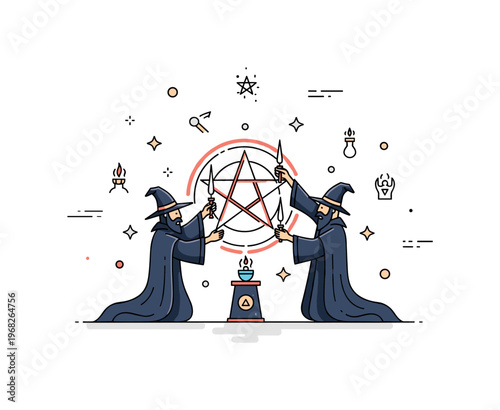 Evil sorcerers ritual scene where dark mages perform a spell around a glowing pentagram while small sparkle and line icons emphasize mystery, danger, and dark