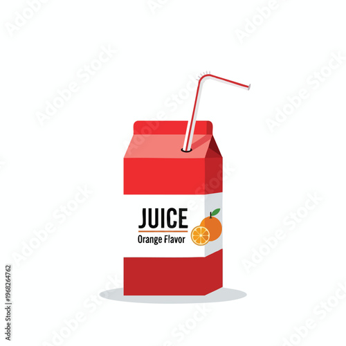 Red carton of orange flavor juice with a straw on white background
