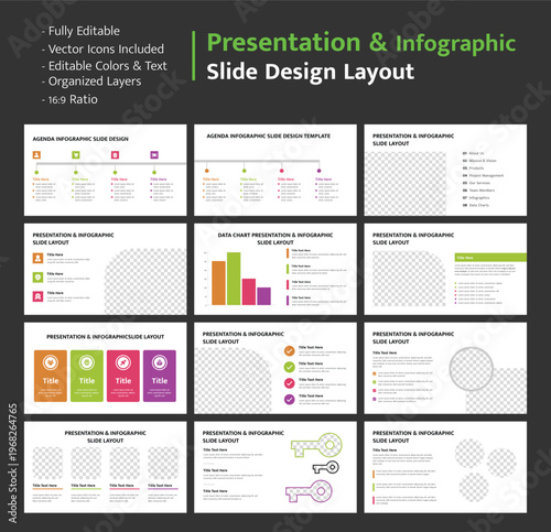 Infographic presentation layouts featuring agenda, data charts, and icons