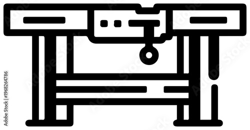 Minimalist black line art icon representing a sturdy wooden workbench with a vise clamp symbolizing craftsmanship diy projects carpentry and manual labor in a clean modern graphic