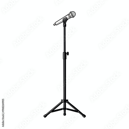A silver and grey microphone on a black adjustable stand, isolated on white