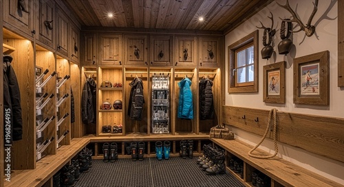 Rustic Ski Lodge Entrance with Wooden Storage and Decor