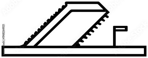 Minimalist black line art icon representing a woodworking miter box with a saw and a small flag symbolizing precision cutting and diy projects isolated on a clean white background