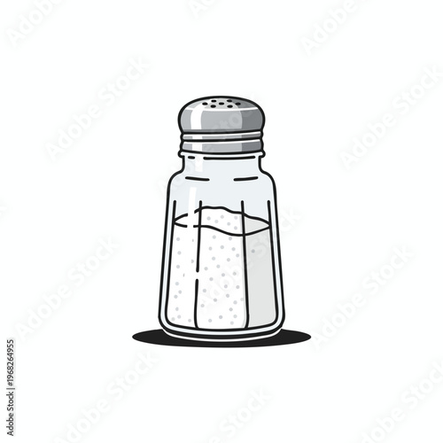 Glass salt shaker with silver lid, filled with white salt crystals