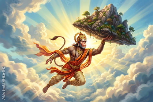 Divine figure flying across a bright sky holding a mountain for hanuman jayanti events while devotees recite hanuman chalisa and prepare for deep hanuman puja