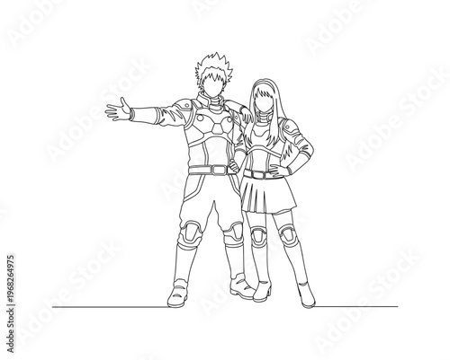 Cosplay Duo. Minimalistic one-line drawing couple posing in matching anime outfits, continuous single black line on white background, simple outline style, no