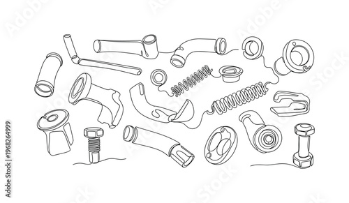 Metal Scrap. Minimalistic one-line drawing collection of discarded metal parts, continuous single black line on white background, simple outline style, no