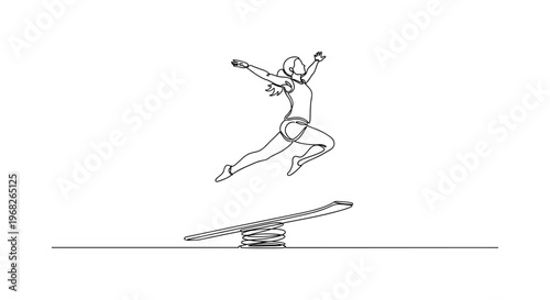 Motivation Dive. Minimalistic one-line drawing individual launching from board representing personal growth, continuous single black line on white background,