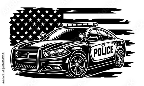 Modern Police Patrol Car In Front Of Distressed American Flag, Law Enforcement Support, Thin Blue Line Concept, Public Safety Vector Illustration