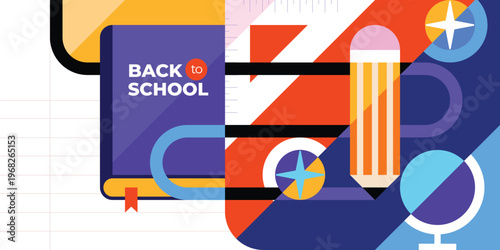 Welcome Back to School Academic Background with Trendy Education Doodles and Geometric Shapes