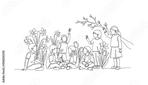 Kids in Nature. Minimalistic one-line drawing children sitting or standing among spring plants, continuous single black line on white background, simple